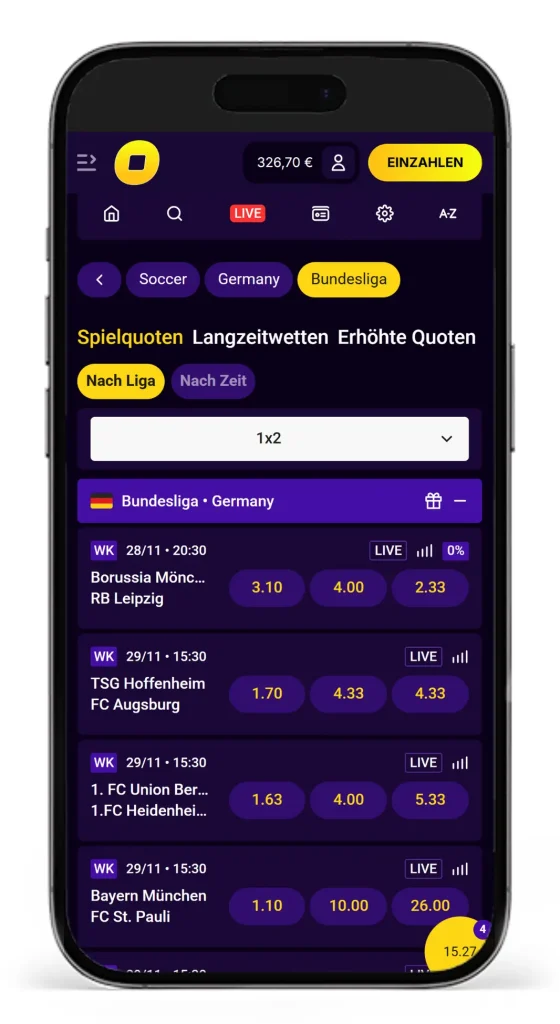 Einblick in die Wettquoten von CasinoLoots bei Bundesliga Spielen