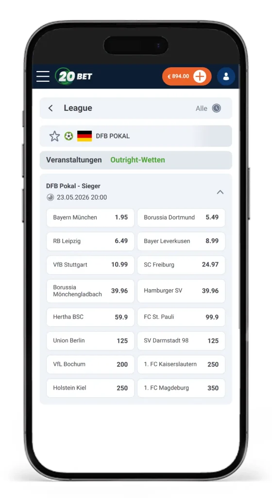 DFB Pokal Wetten auf die Siegermannschaft bei 20Bet