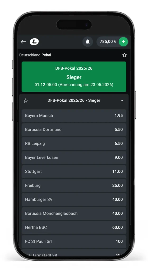 Quoten auf den Pokal Sieger für DFB Pokal Wetten bei Leonbet