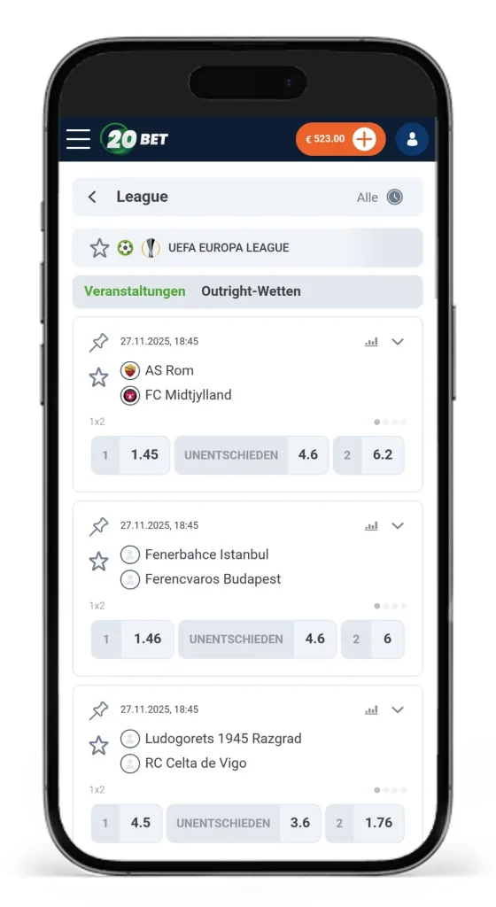Einblick in das Angebot und die Quoten fuer Europa League Wetten bei 20Bet