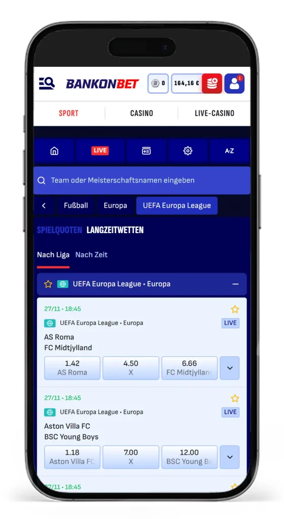 Einblick in die Quoten fuer UEFA Europa League Wetten bei Bankonbet
