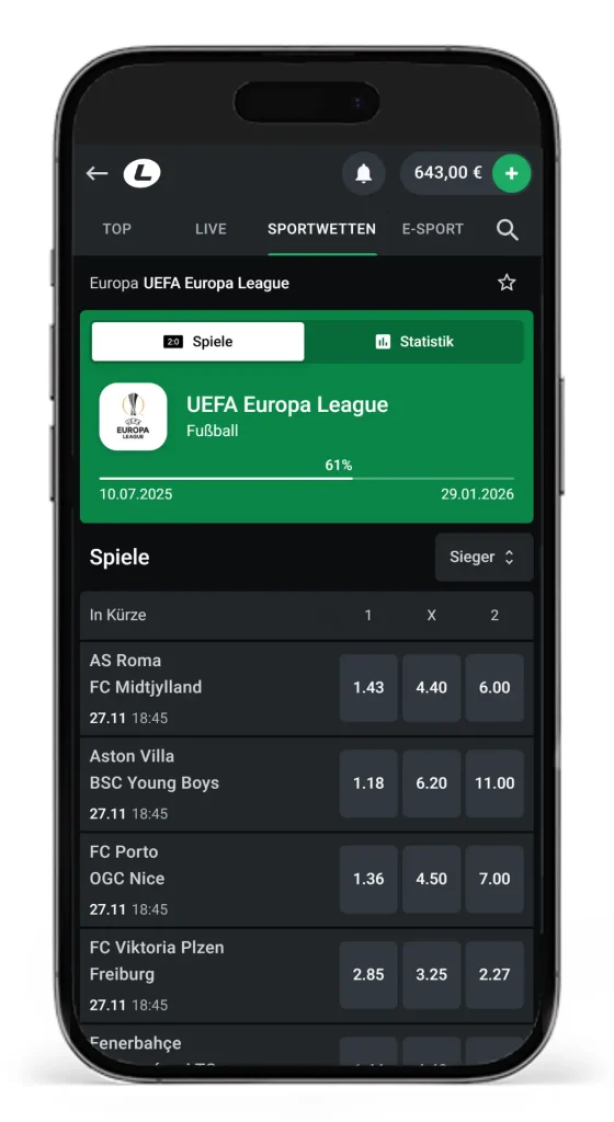 Einblick in die Wettquoten auf die Spiele der Europa League bei Leonbet