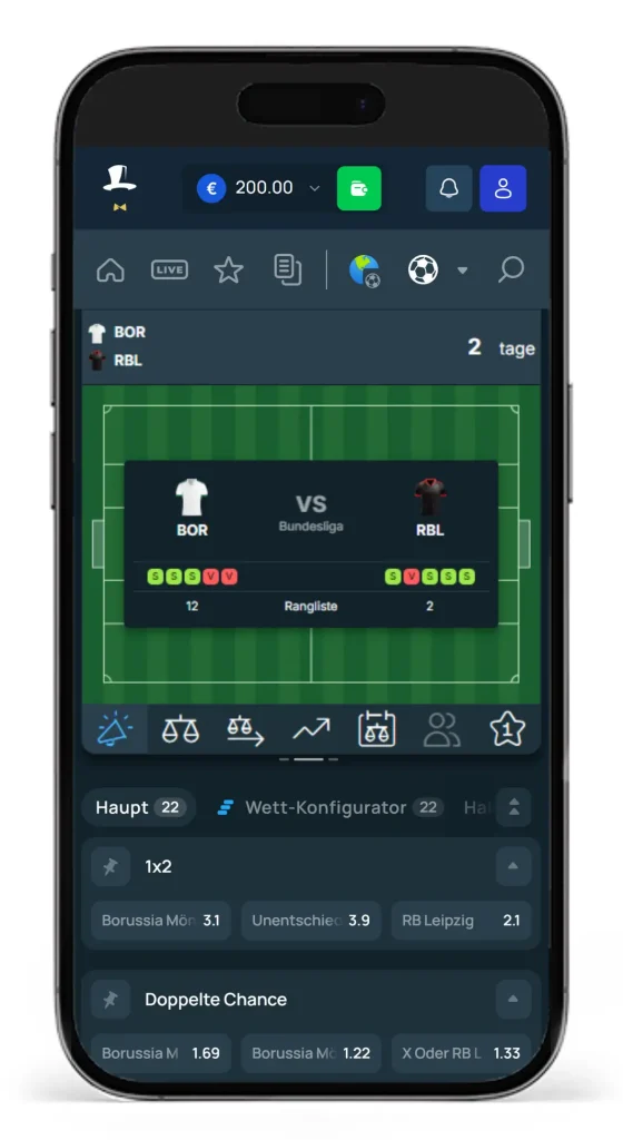 Einblick in die Quoten auf ein Bundesligaspiel bei dem Wettanbieter Fortunejack