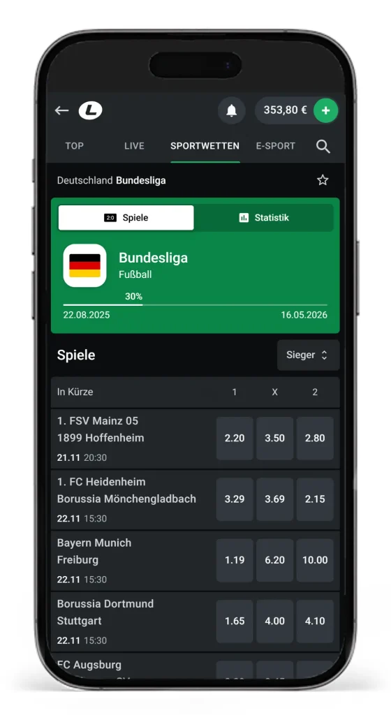 Einblick in die Bundesliga Wettquoten der Spiele der Saison 25/26 bei Leonbet