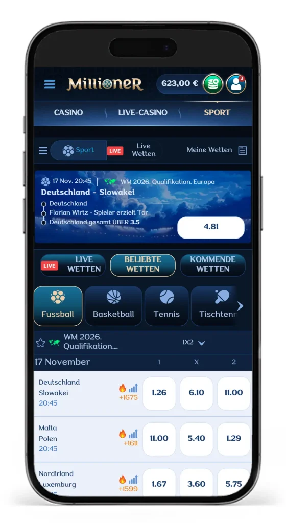 Mobile Ansicht der Startseite fuer Sportwetten des Online Buchmachers Millioner