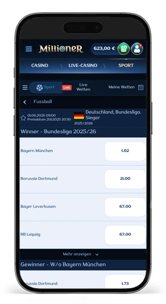 Einblick in das Angebot an Bundesliga Langzeitwetten und Quoten vom Buchmacher Millioner