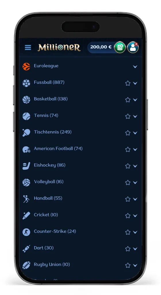 Einblick in das Wettangebot und verfuegbare Sportarten fuer Sportwetten vom Bookie Millioner