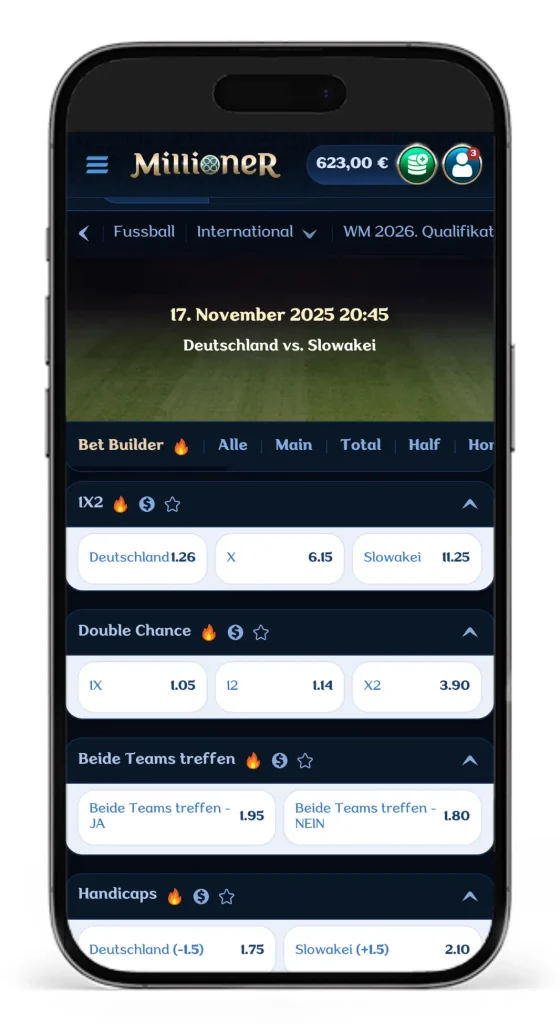 Millioner Wettanbieter mit der Wettfunktion Bet-Builder für Kombiwetten