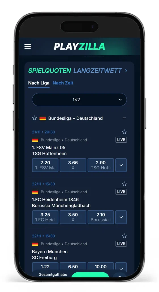 Einblick in die Wettquoten von Bundesliga Spielen beim Bundesliga Wettanbieter PlayZilla