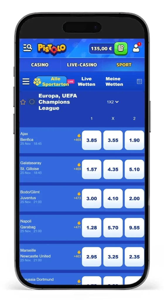 Einblick in die Quoten fuer UEFA Champions League Wetten bei Pistolo