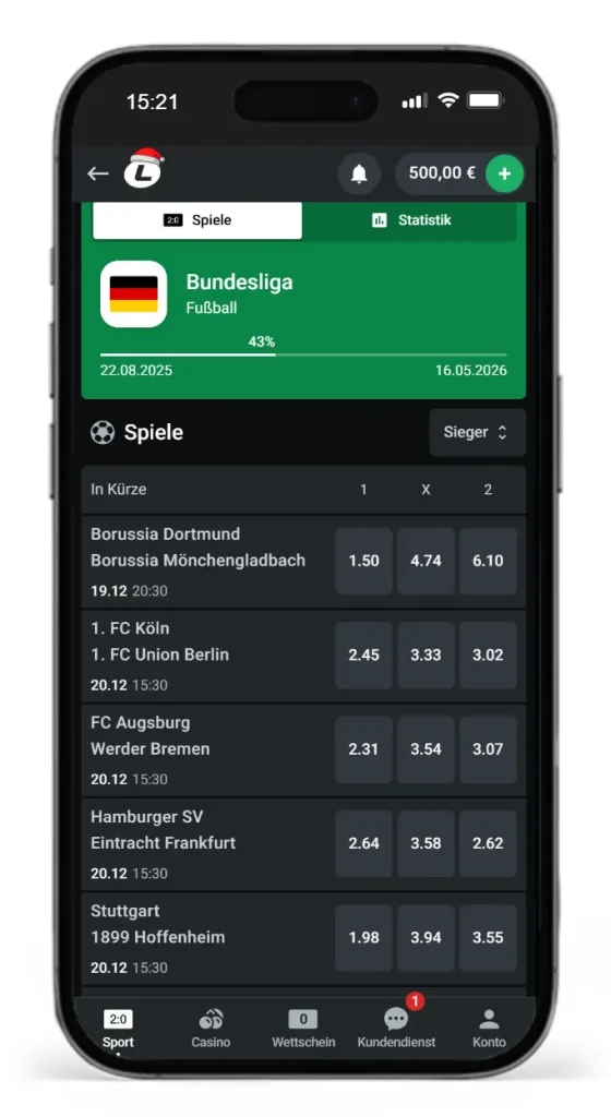 Auszug aus den Wettquoten auf die Spiele der Bundesliga von Leonbet fuer beste Sportwetten