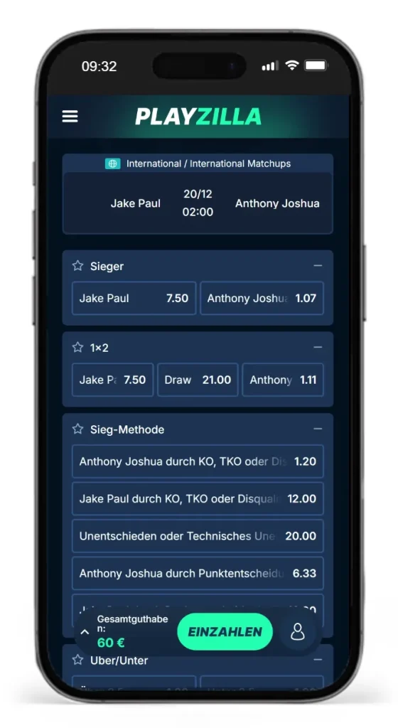 Einblick in die Jake Paul vs Anthony Joshua Quoten bei PlayZilla