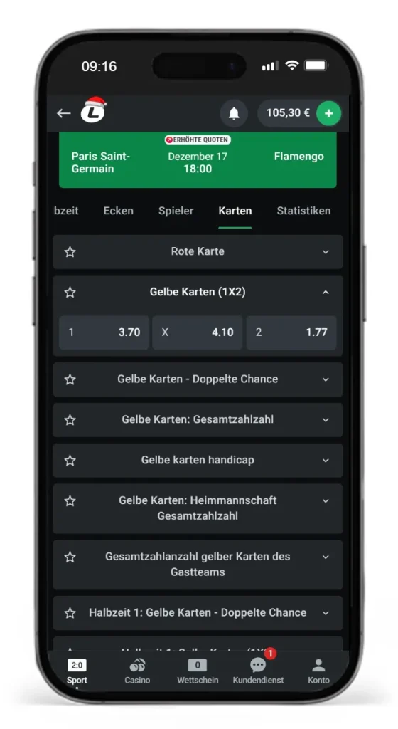 Auswahl an Karten Wetten auf das Spiel zwischen Paris Saint-Germain und Flamengo beim Wettanbieter Leonbet