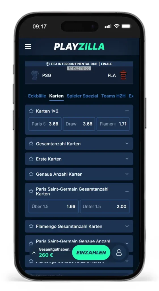 Einblick in die Auswahl und Quoten von Karten Wetten beim Spiel PSG gegen Flamengo vom Wettanbieter PlayZilla