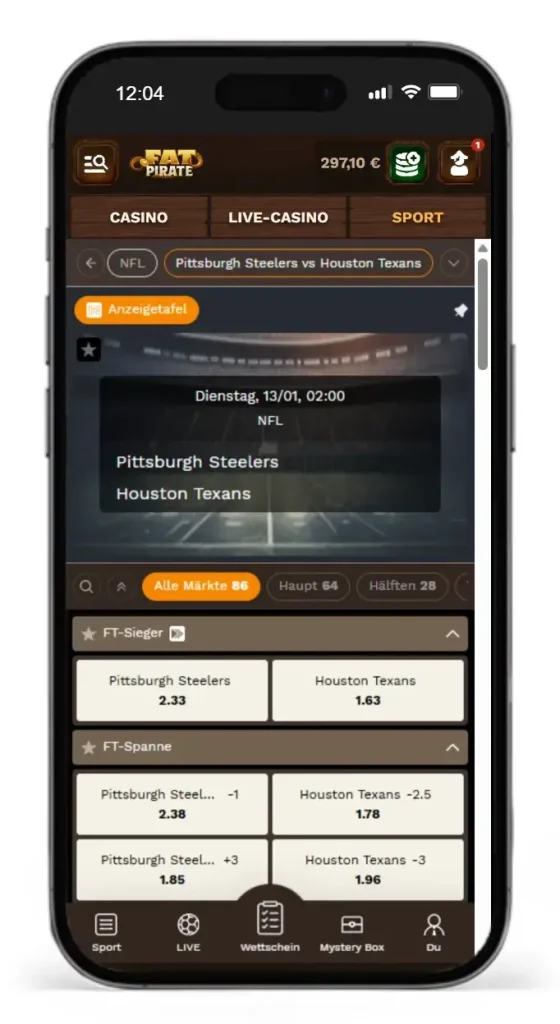 Fatpirate-Quoten auf das NFL Spiel Pittsburgh gegen Houston