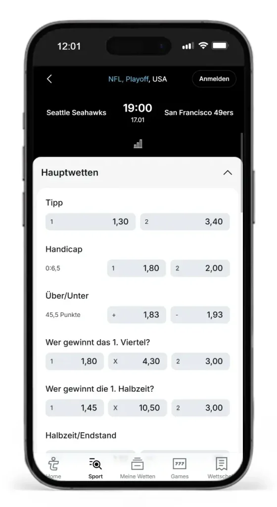 Wettquoten auf das NFL Spiel Seattle gegen San Francisco bei Tipico