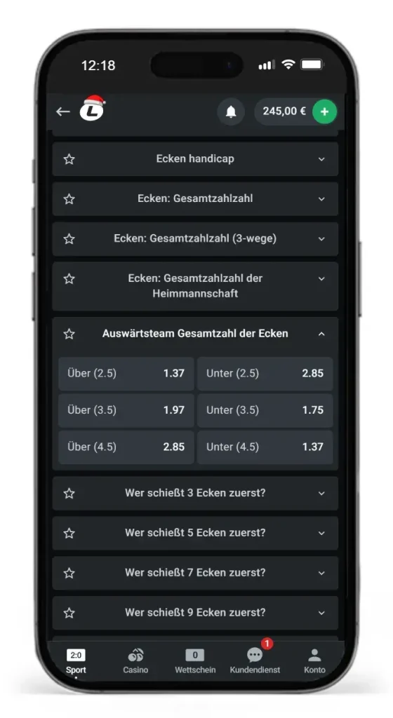 Leonbet-Quoten fuer Wetten auf die Gesamtzahl der Ecken des Auswärtsteams bei der Partie Mainz gegen Samsunspor