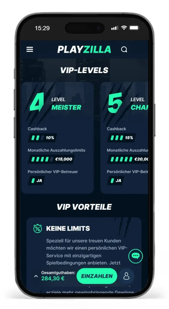 Level 4 des VIP-Programms vom Wettanbieter ohne Verifizierung PlayZilla und dessen Vorteile