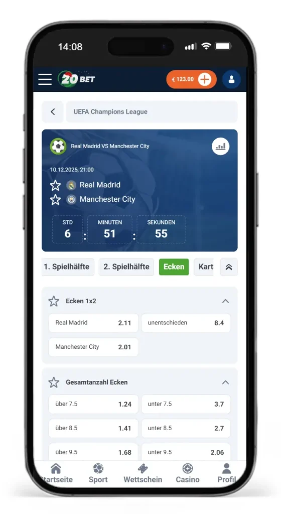 Auszug aus den Quoten und Wettarten von Ecken Wetten auf das Spiel Real Madrid gegen Manchester City bei 20Bet