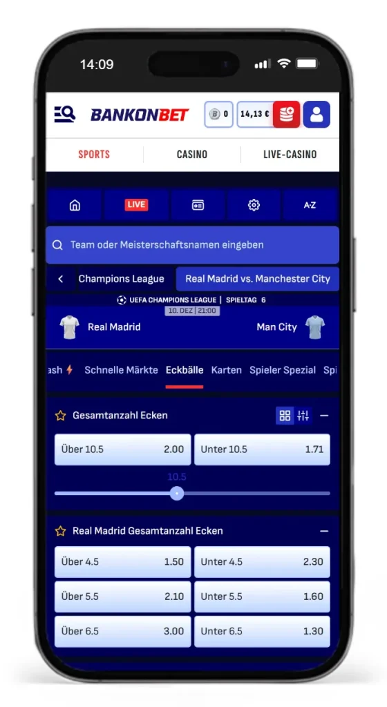 Bankonbet Quoten von Wetten auf Eckbaelle bei Real Madrid gegen Manchester City