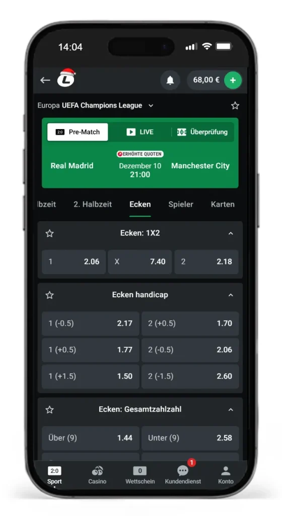 Einblick in die Auswahl an Ecken Wetten bei Leonbet auf das UEFA Champions League Spiel Real Madrid gegen Manchester City
