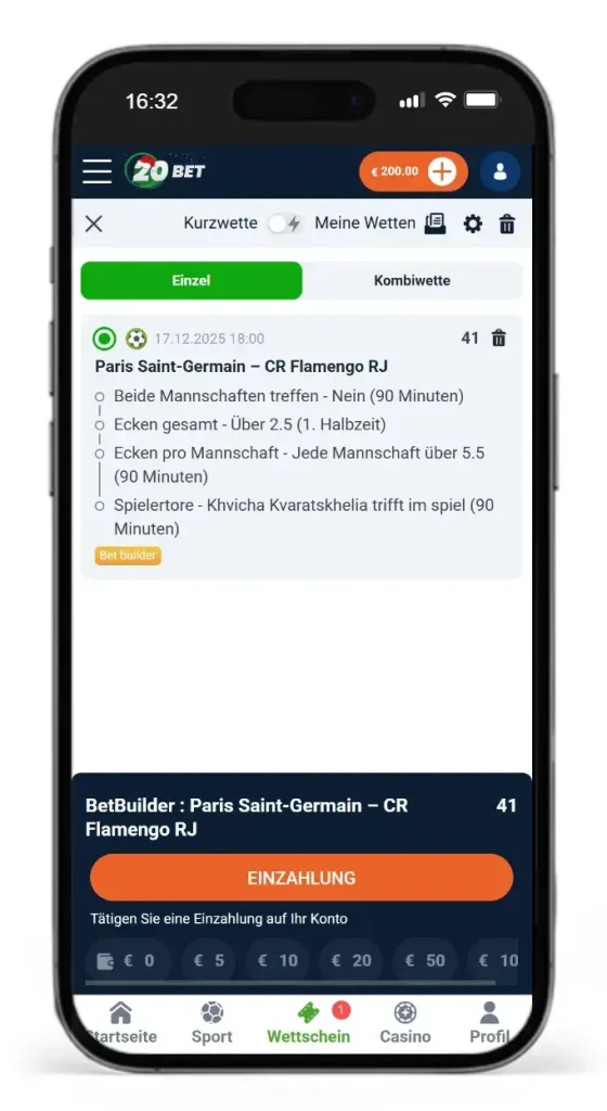 Ecken-Konfiguratorwette bei 20Bet auf Paris gegen Flamengo