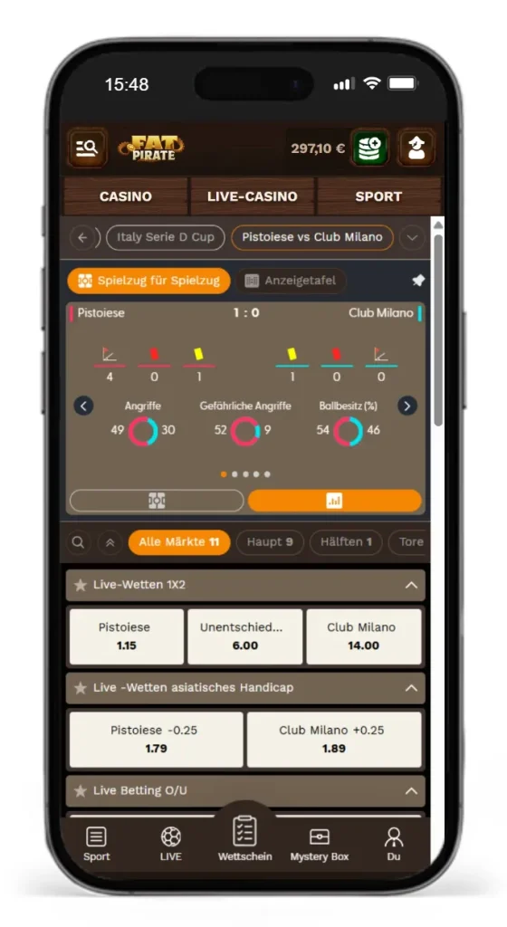 Livewetten-Auswahl mit Statistiken beim Online Wettanbieter Fatpirate