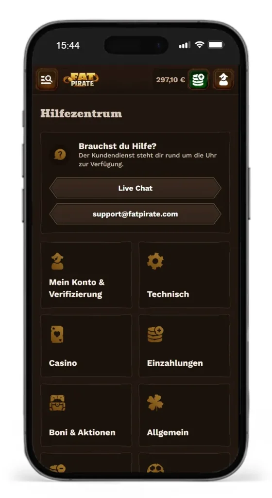 Hilfezentrum mit FAQ-Bereich von Fatpirate