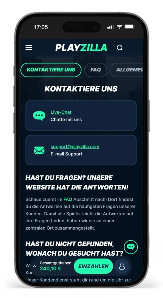 Support-Kontaktoptionen vom Online Wettanbieter PlayZilla