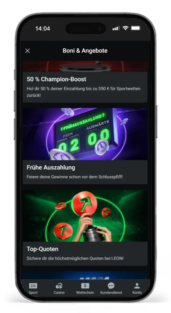 Auszug aus dem Bonusprogramm fuer Sportwetten von Leonbet
