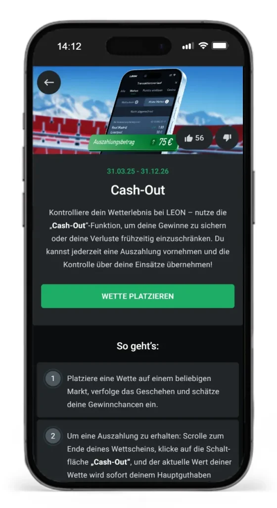 Cashout Wettfunktion von Leonbet fuer eine fruezeitige Abrechnung einer Sportwetten