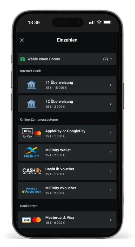Auswahl an Zahlungsmethoden für Sportwetten bei Leonbet
