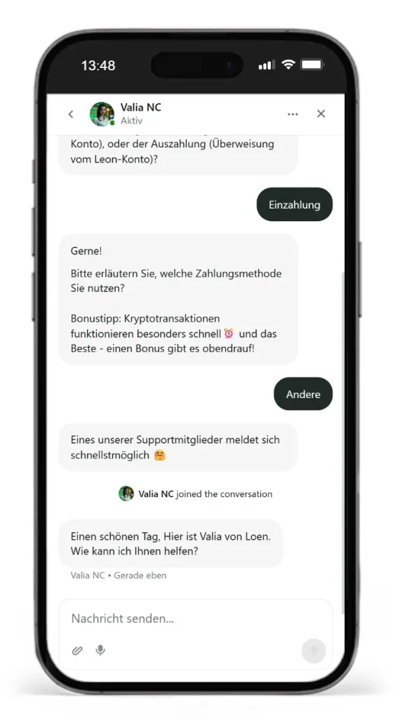 Unterhaltung mit dem Kundendienst von Leonbet via Live-Chat