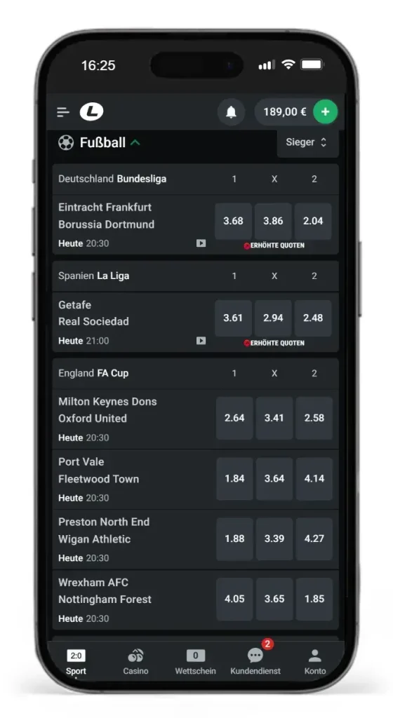 Quoten mit Quotenboost von Leonbet auf Fussballspiele in verschiedenen Ligen