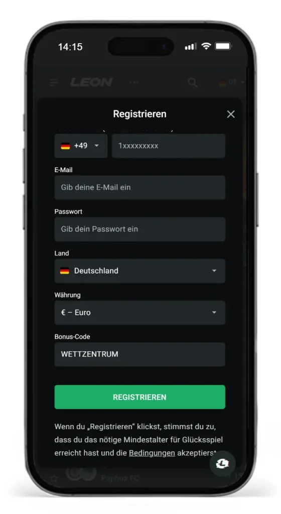 Registrierung mit Bonus Code beim Wettanbieter Leonbet