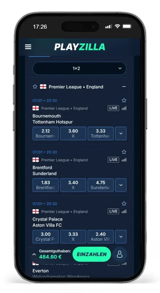 Wettquoten von PlayZilla auf Spiele der Premier League