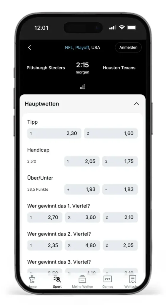 Quoten auf das NFL Spiel Pittsburgh gegen Houston bei Tipico