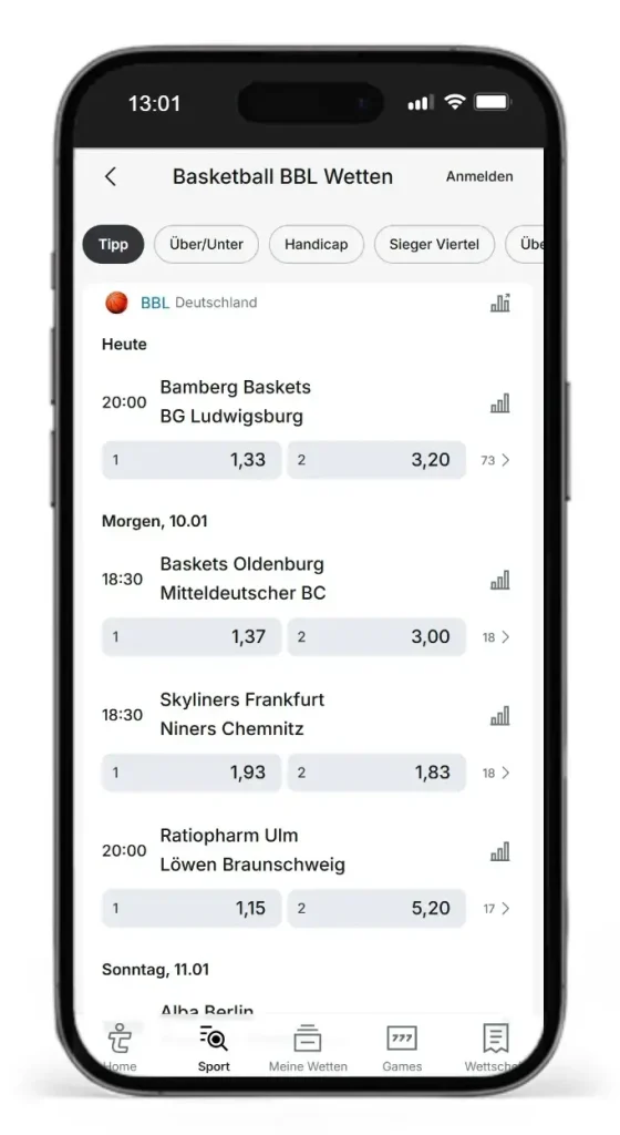Wettquoten auf Spiele der Basketball Bundesliga von Tipico