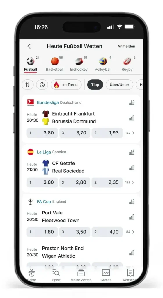 Auszug aus den Wettquoten von Tipico auf Fussballspiele in verschiedenen Profiligen