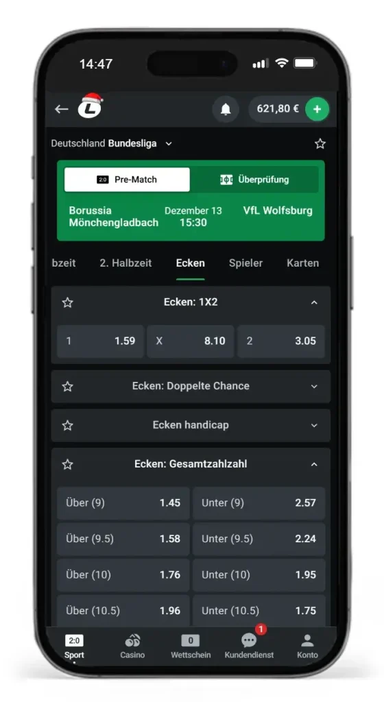 Wettoptionen bei Ueber/Unter-Ecken auf das Spiel zwischen Borussia Moenchengladbach und Vfl Wolfsburg von Leonbet