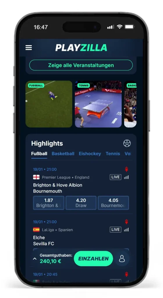 Playzilla app interface showing betting options