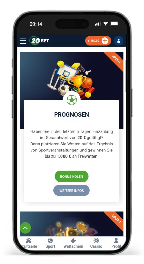 Prognosen-Bonusaktion fuer Sportwetten von 20Bet
