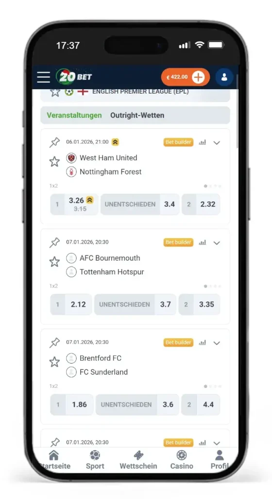 Wettquoten von 20Bet auf Fussballspiele der Premier League