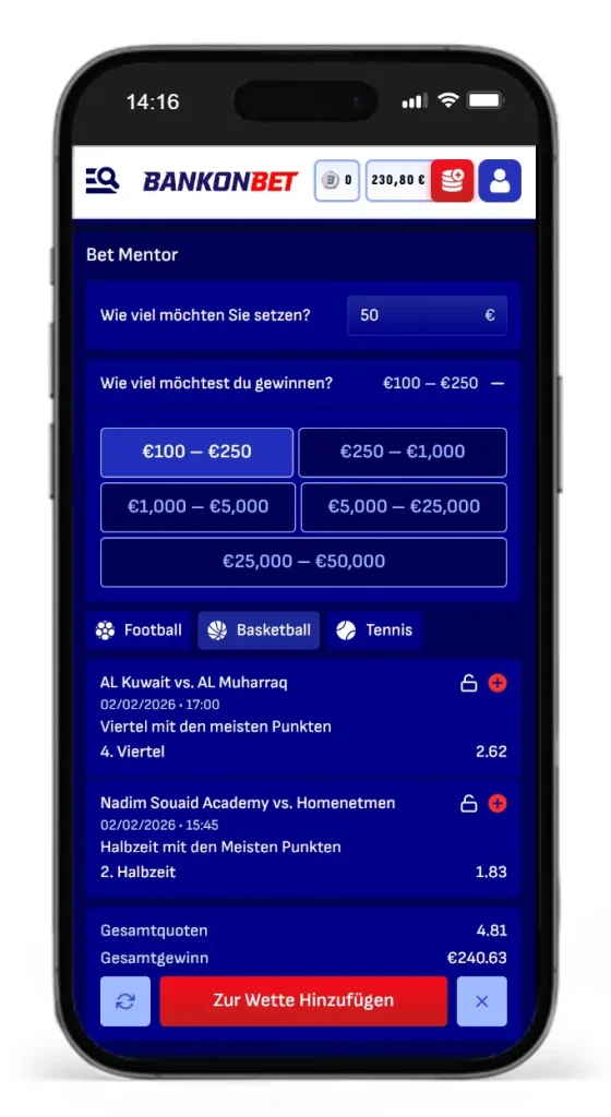 Vorschlaege fuer Sportwetten vom Bet Mentor von Bankonbet