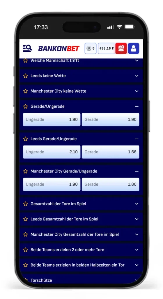Auswahl Gerade Ungerade Wetten auf das Premier League Spiel Leeds vs Manchester bei Bankonbet