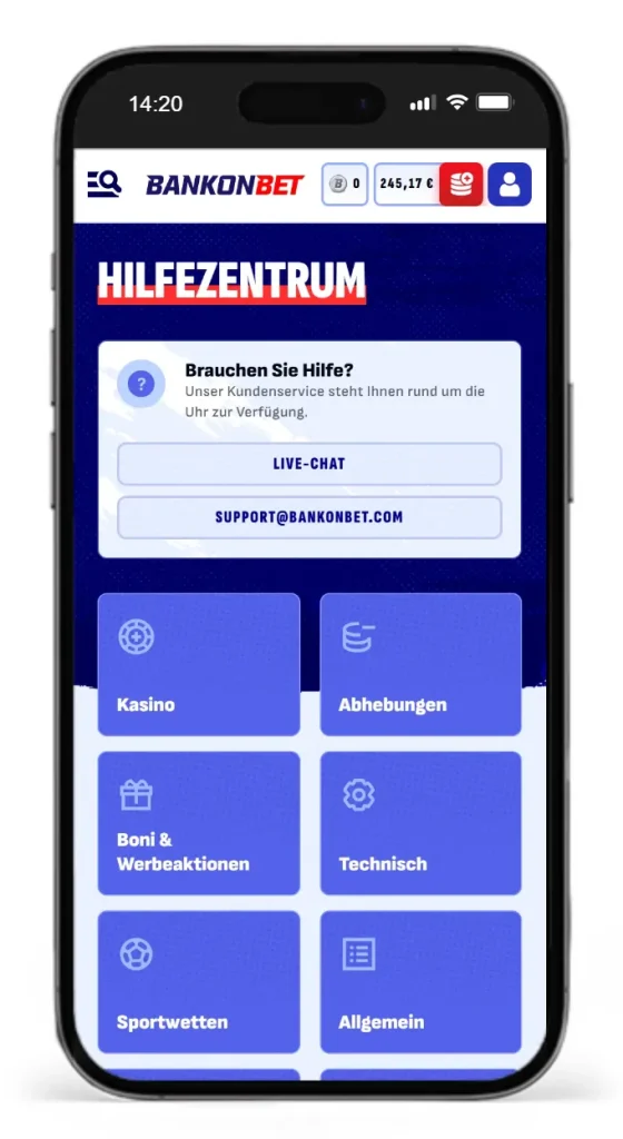 Hilfezentrum mit FAQ von Bankonbet