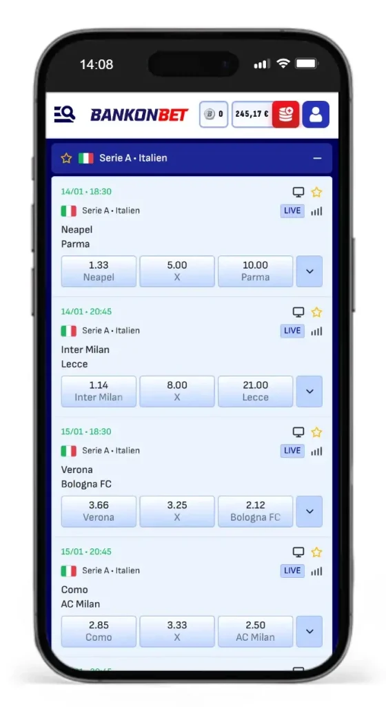 Quoten fuer Fussball Wetten auf Spiele der Serie A bei Bankonbet