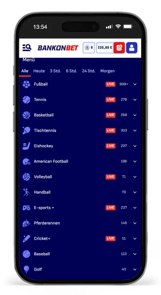 Auswahl an Sportarten fuer Sportwetten bei Bankonbet