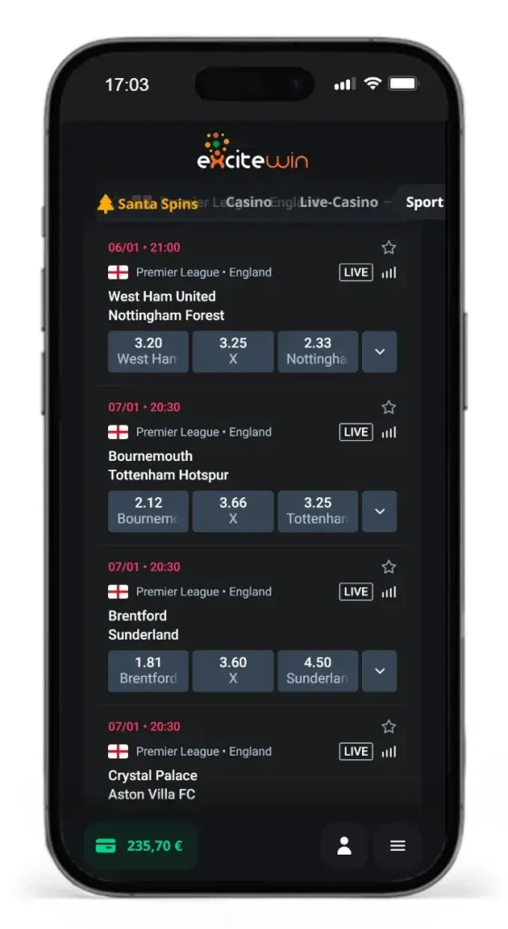 Wettquoten auf Spiele der Premier League von ExciteWin