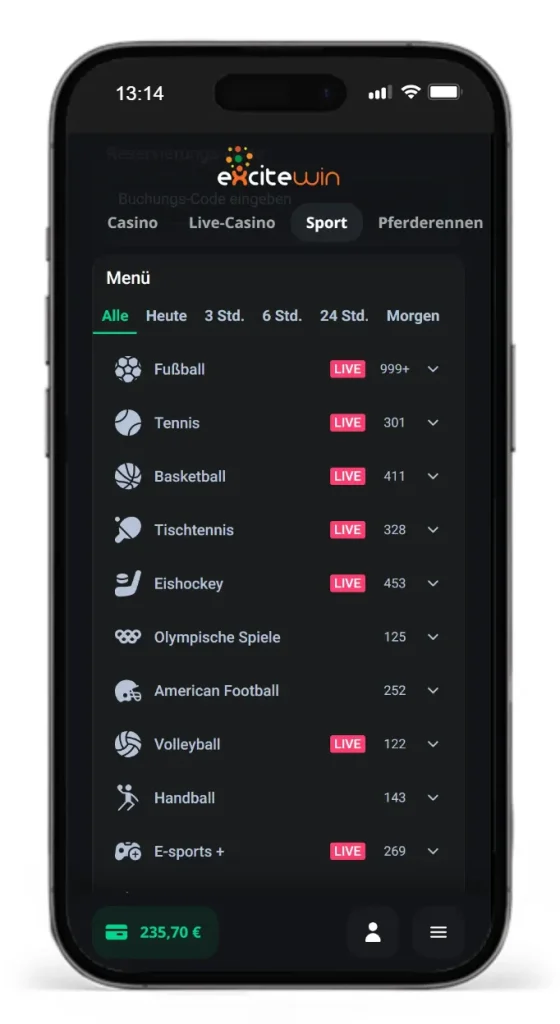 Auswahl an Sportarten von ExciteWin fuer Online Wetten